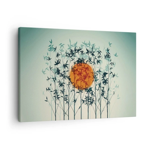 Obraz na płótnie - Pomarańczowe słońce wśród bambusowych gałęzi - 70x50cm - Japońskie słońce - Nowoczesna dekoracja ścienna do salonu i sypialni ARTTOR