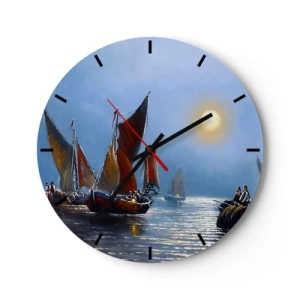 Zegar ścienny - Żaglówki na wodzie w świetle księżyca - 30x30cm - Nocny połów - Nowoczesna dekoracja ścienna do salonu, kuchni i sypialni ARTTOR