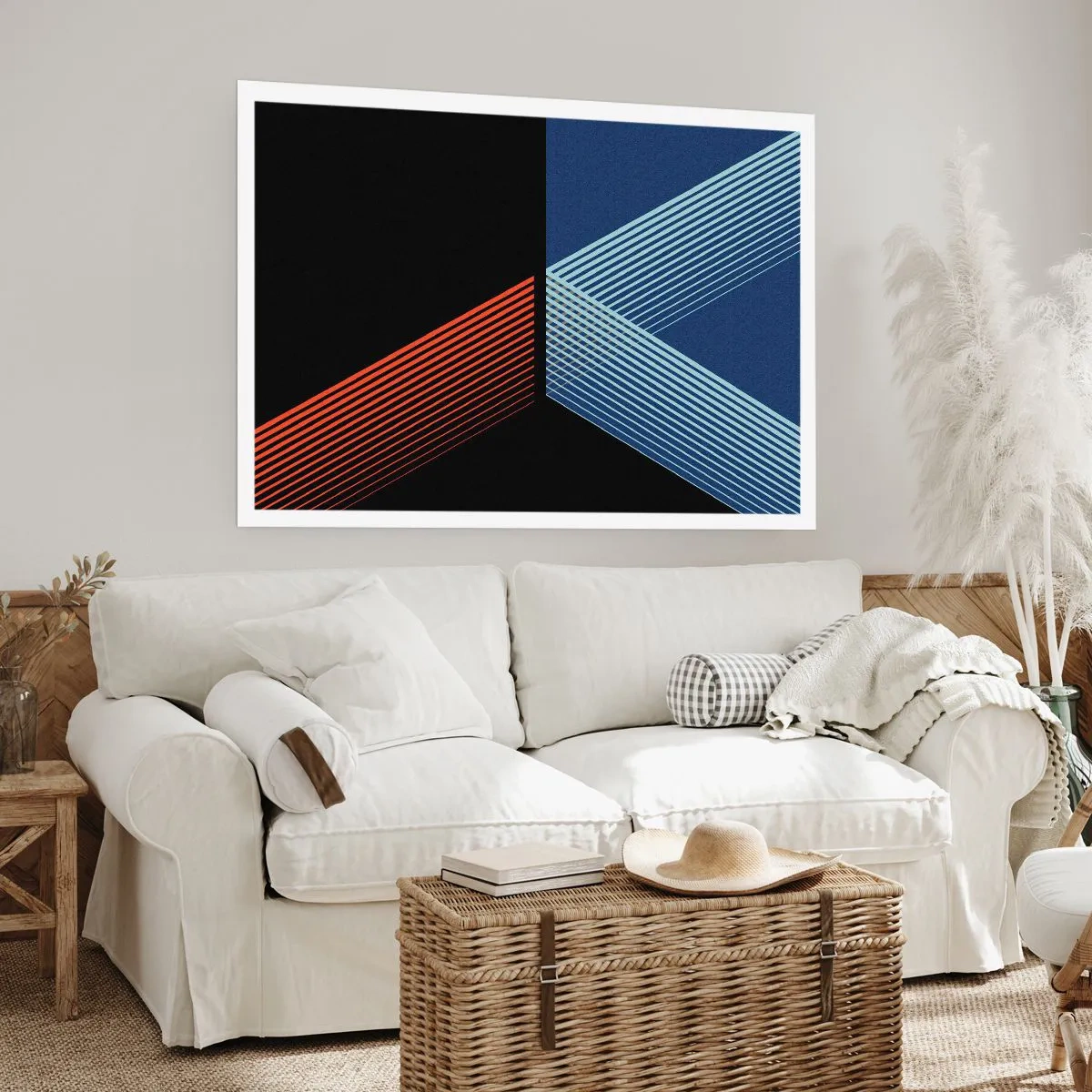 Plakat - Geometryczne linie w odcieniach czerwieni i błękitu - 100x70cm - Prosta historia - Nowoczesna dekoracja ścienna do salonu i sypialni ARTTOR