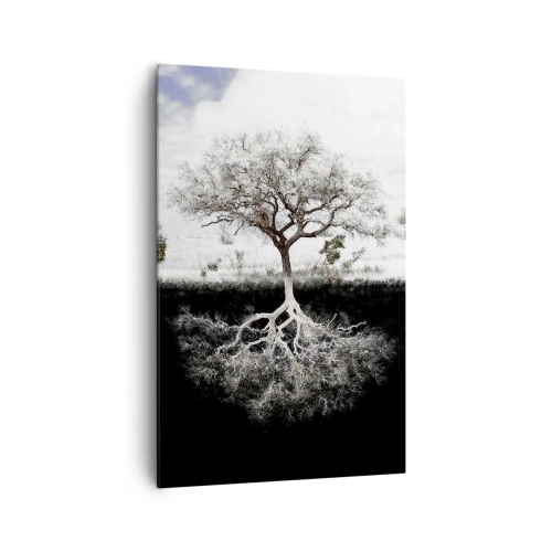 Obraz na płótnie - Drzewo z widocznymi korzeniami pod powierzchnią ziemi - 80x120cm - Odkrycie natury świata - Nowoczesna dekoracja ścienna do salonu i sypialni ARTTOR