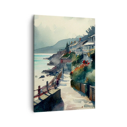 Obraz na płótnie - Akwarelowy pejzaż nadmorskiego śródziemnomorskiego miasteczka - 50x70cm - Śródziemnomorskie miasteczko - Nowoczesna dekoracja ścienna do salonu, kuchni i sypialni ARTTOR