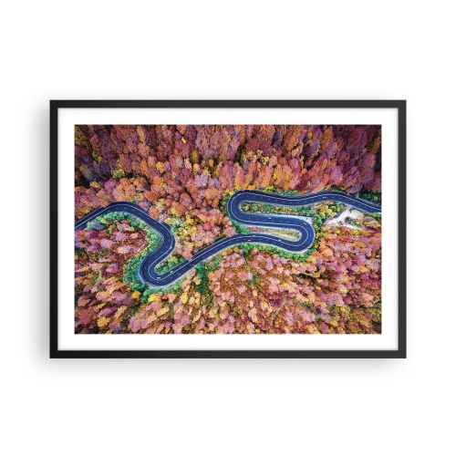 Plakat w czarnej ramie - Kręta droga w jesiennym lesie widziana z lotu ptaka - 70x50cm - Krętą drogą poprzez las - Nowoczesna dekoracja ścienna do salonu i sypialni ARTTOR