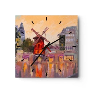 Zegar ścienny - Czerwony wiatrak Moulin Rouge otoczony miejskim pejzażem - 30x30cm - Paryskie ikony – Moulin Rouge - Nowoczesna dekoracja ścienna do salonu i sypialni ARTTOR