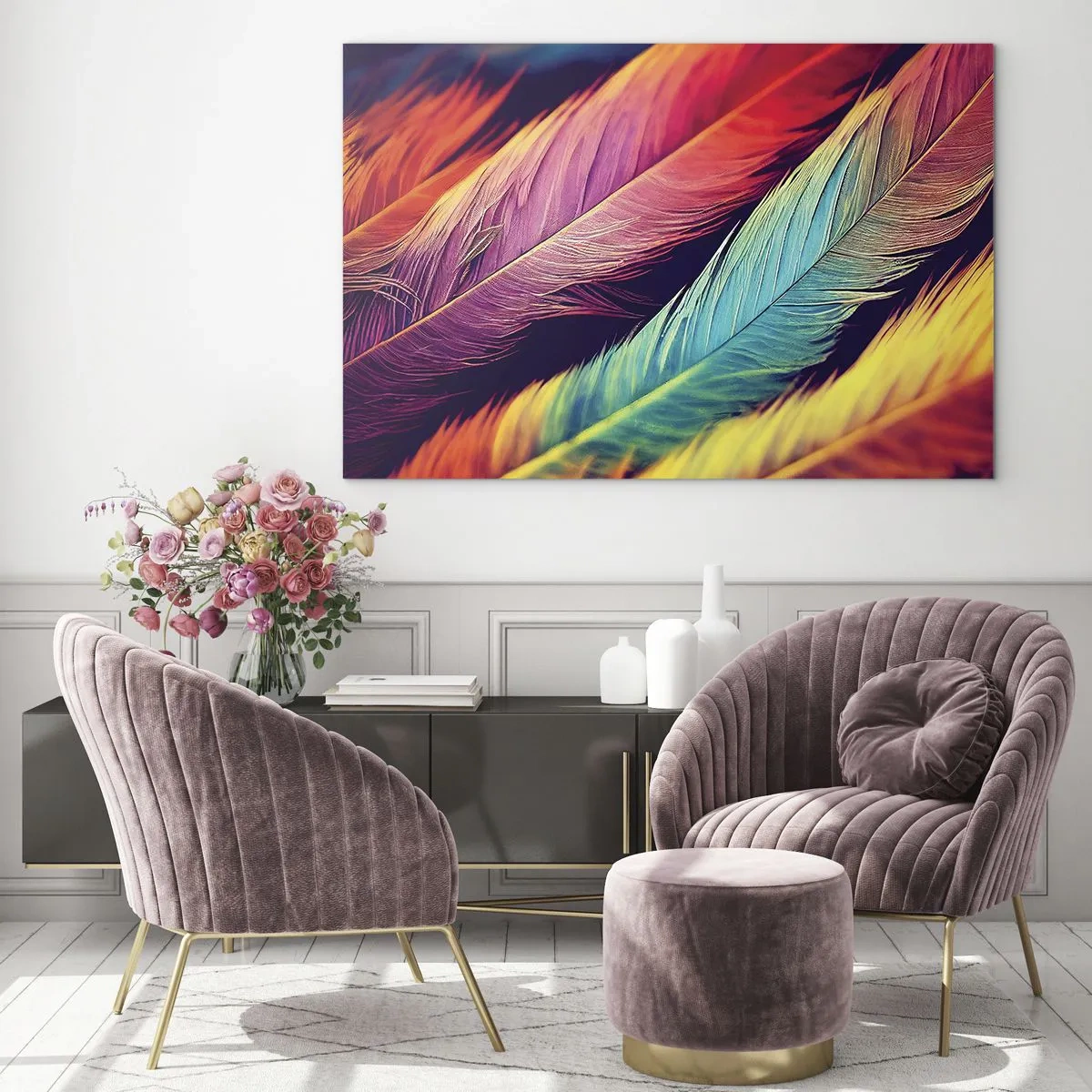 Obraz na szkle - Kolorowe pióra w intensywnych odcieniach tęczy - 70x50cm - Pierzasta tęcza - Nowoczesna dekoracja ścienna do salonu i sypialni ARTTOR