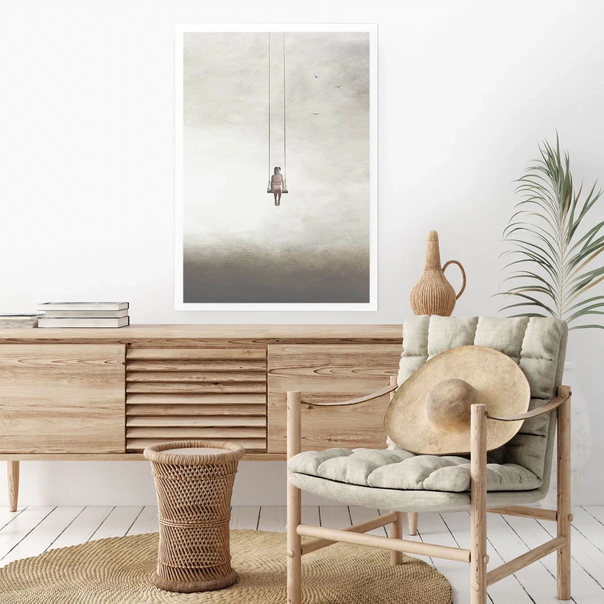 Plakat - Postać na huśtawce zawieszonej w przestrzeni - 50x70cm - Dziecko w nas - Nowoczesna dekoracja ścienna do salonu, kuchni i sypialni ARTTOR