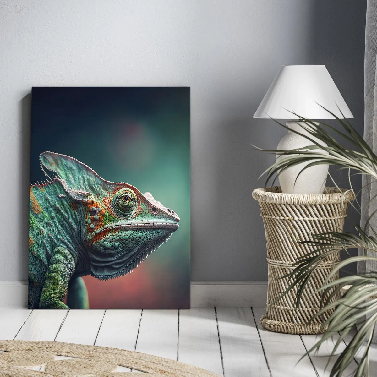 Obraz na płótnie - Zbliżenie na kolorowego kameleona na turkusowym tle - 50x70cm - Widzisz mnie? Niedobrze… - Nowoczesna dekoracja ścienna do salonu, kuchni i sypialni ARTTOR