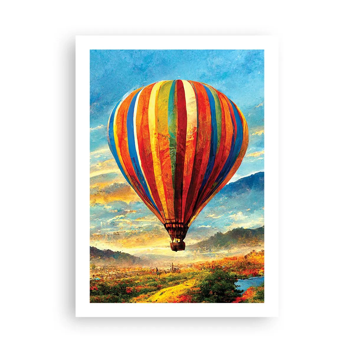 Plakat - Kolorowy balon nad malowniczym krajobrazem - 50x70cm - W ciszy widać więcej - Nowoczesna dekoracja ścienna do salonu, kuchni i sypialni ARTTOR