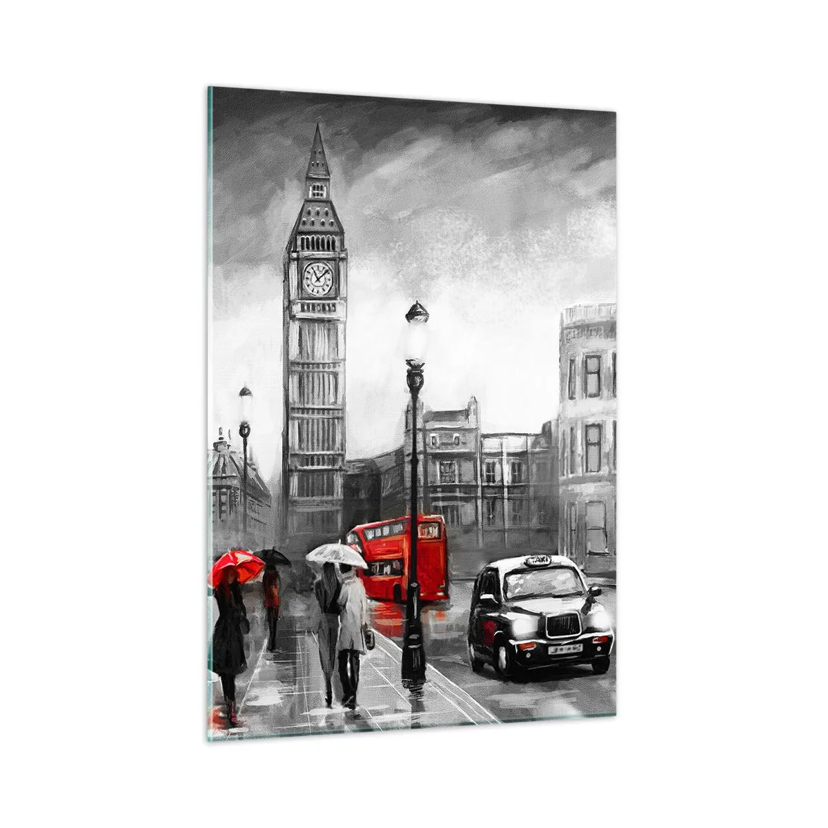 Obraz na szkle - Big Ben i ulice Londynu z czerwonymi akcentami na szarym tle - 50x70cm - Wcale nie szare miasto - Nowoczesna dekoracja ścienna do salonu, kuchni i sypialni ARTTOR