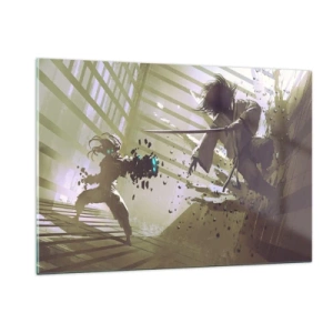 Obraz na szkle - Pojedynek samurajów w dynamicznej scenie - 120x80cm - I ty możesz być samurajem - Nowoczesna dekoracja ścienna do salonu, kuchni i sypialni ARTTOR