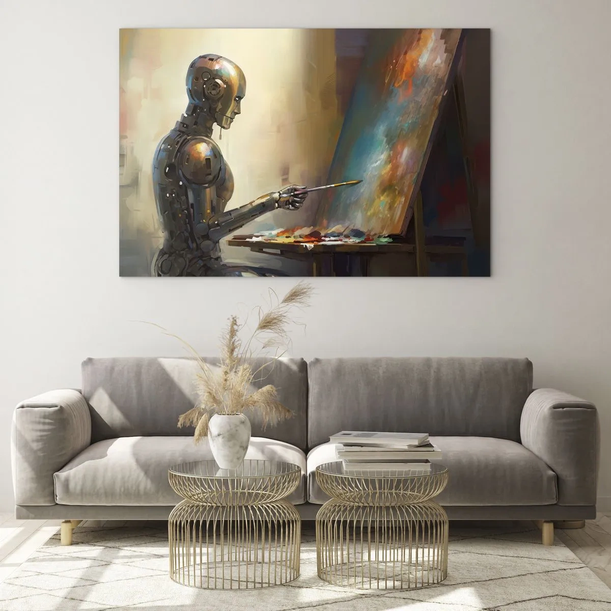 Obraz na szkle - Robot malujący obraz przy sztaludze - 70x50cm - Sztuka przyszłości - Nowoczesna dekoracja ścienna do salonu i sypialni ARTTOR
