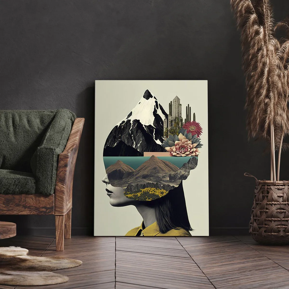 Obraz na płótnie - Kolaż kobiecej sylwetki z elementami krajobrazu, gór i roślinności - 50x70cm - Kobieta – zawsze tajemnica - Nowoczesna dekoracja ścienna do salonu, kuchni i sypialni ARTTOR