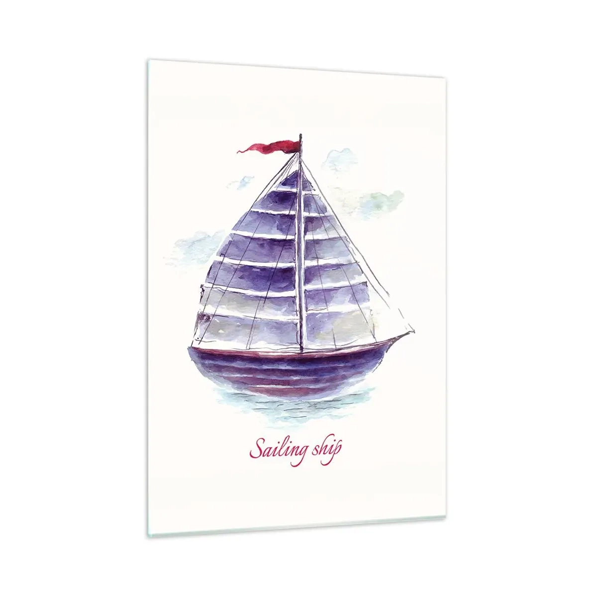 Obraz na szkle - Akwarelowy żaglowiec z napisem Sailing ship - 50x70cm - Pełnych żagli i spokojnej wody - Nowoczesna dekoracja ścienna do salonu, kuchni i sypialni ARTTOR