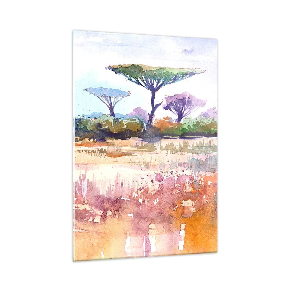 Obraz na szkle - Akwarelowy krajobraz sawanny z drzewami i roślinnością - 50x70cm - Kolory sawanny - Nowoczesna dekoracja ścienna do salonu, kuchni i sypialni ARTTOR