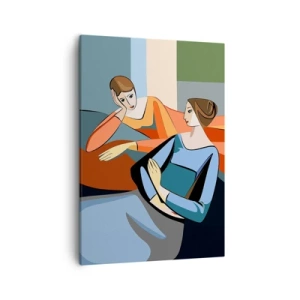 Obraz na płótnie - Kubistyczna ilustracja dwóch kobiet w stylowych kolorach - 50x70cm - Chwila zwierzeń - Nowoczesna dekoracja ścienna do salonu, kuchni i sypialni ARTTOR