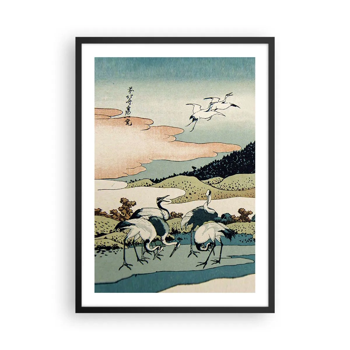 Plakat w czarnej ramie - Tradycyjna japońska grafika z żurawiami w krajobrazie natury - 50x70cm - W japońskim duchu - Nowoczesna dekoracja ścienna do salonu i sypialni ARTTOR