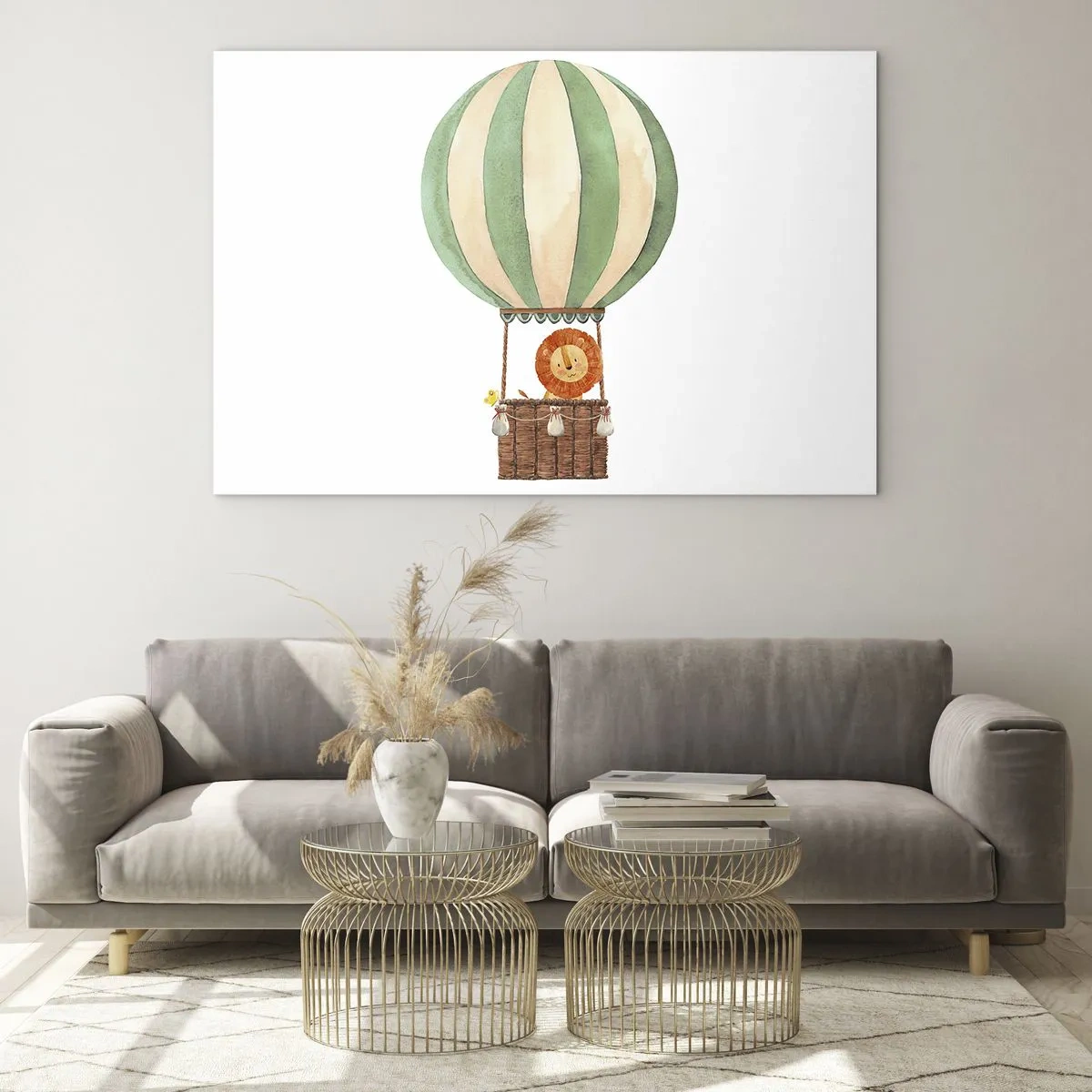 Obraz na szkle - Lew w koszu balonu unoszącym się na białym tle - 70x50cm - Podróże Leona - Nowoczesna dekoracja ścienna do salonu i sypialni ARTTOR