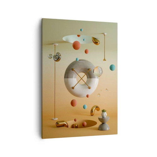 Obraz na płótnie - Abstrakcyjna kompozycja geometrycznych kształtów i złotych akcentów w przestrzeni - 50x70cm - Wszystko się zdarzyć może - Nowoczesna dekoracja ścienna do salonu, kuchni i sypialni ARTTOR