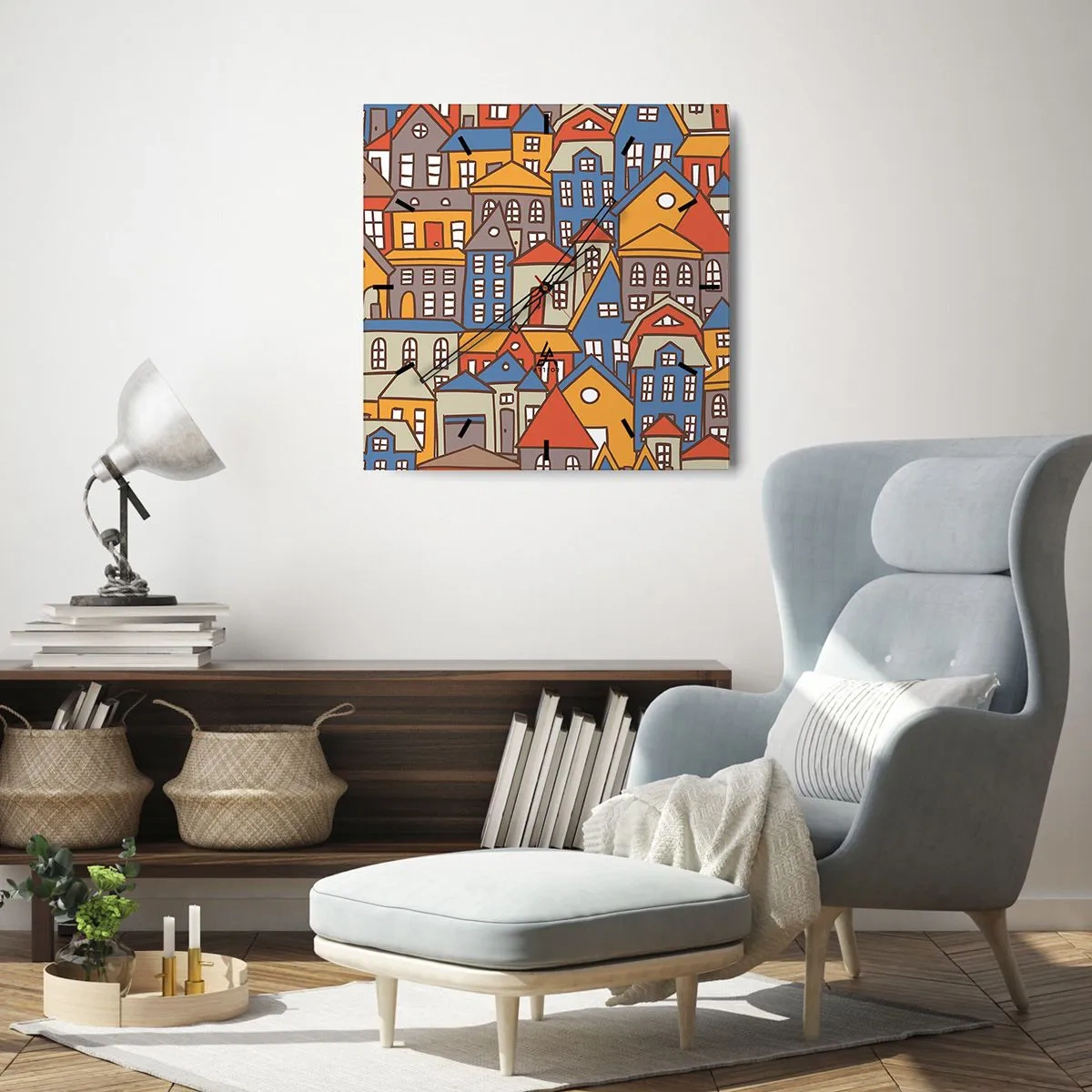 Zegar ścienny - Kolorowe domki w stylu graficznym na jasnym tle - 30x30cm - Za domem dom - Nowoczesna dekoracja ścienna do salonu i sypialni ARTTOR