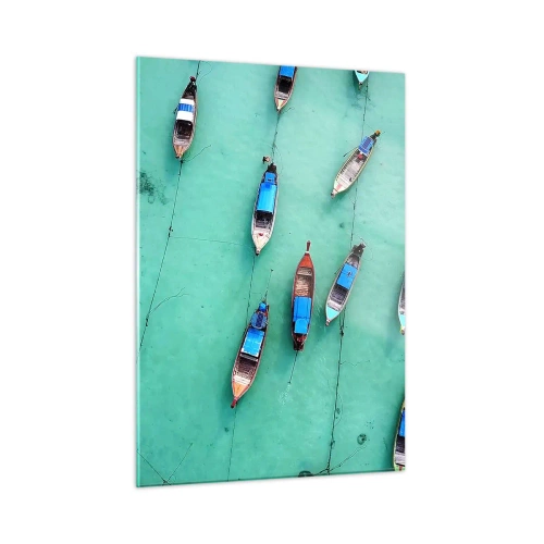 Obraz na szkle - Łodzie na turkusowej wodzie widziane z góry - 50x70cm - W radosnym oczekiwaniu - Nowoczesna dekoracja ścienna do salonu, kuchni i sypialni ARTTOR