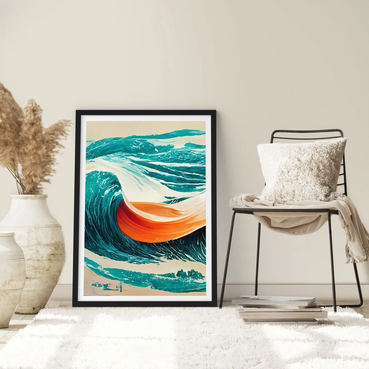Plakat w czarnej ramie - Dynamiczna fala w abstrakcyjnych barwach - 50x70cm - Sen surfera - Nowoczesna dekoracja ścienna do salonu i sypialni ARTTOR
