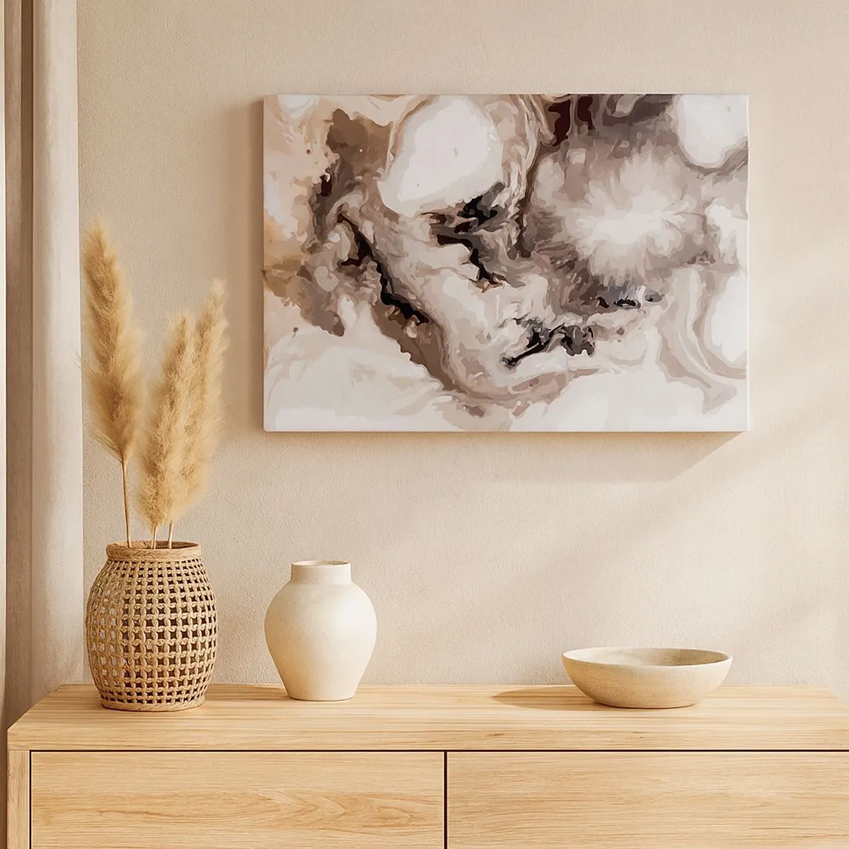 Obraz na płótnie - Abstrakcyjny wzór w odcieniach brązu i bieli - 70x50cm - Narodziny galaktyki - Nowoczesna dekoracja ścienna do salonu i sypialni ARTTOR