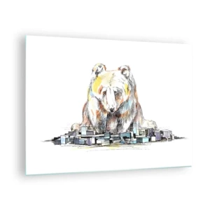 Obraz na szkle - Niedźwiedź patrzący na miasto w artystycznej kompozycji - 70x50cm - Jak można tak żyć? - Nowoczesna dekoracja ścienna do salonu i sypialni ARTTOR