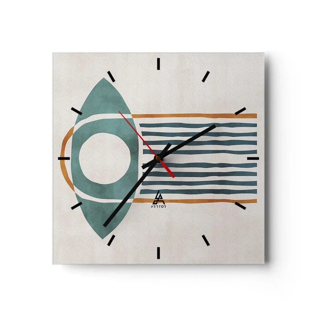 Zegar ścienny - Geometryczny wzór w odcieniach zieleni i pomarańczu - 30x30cm - Znaki i rytuały - Nowoczesna dekoracja ścienna do salonu i sypialni ARTTOR