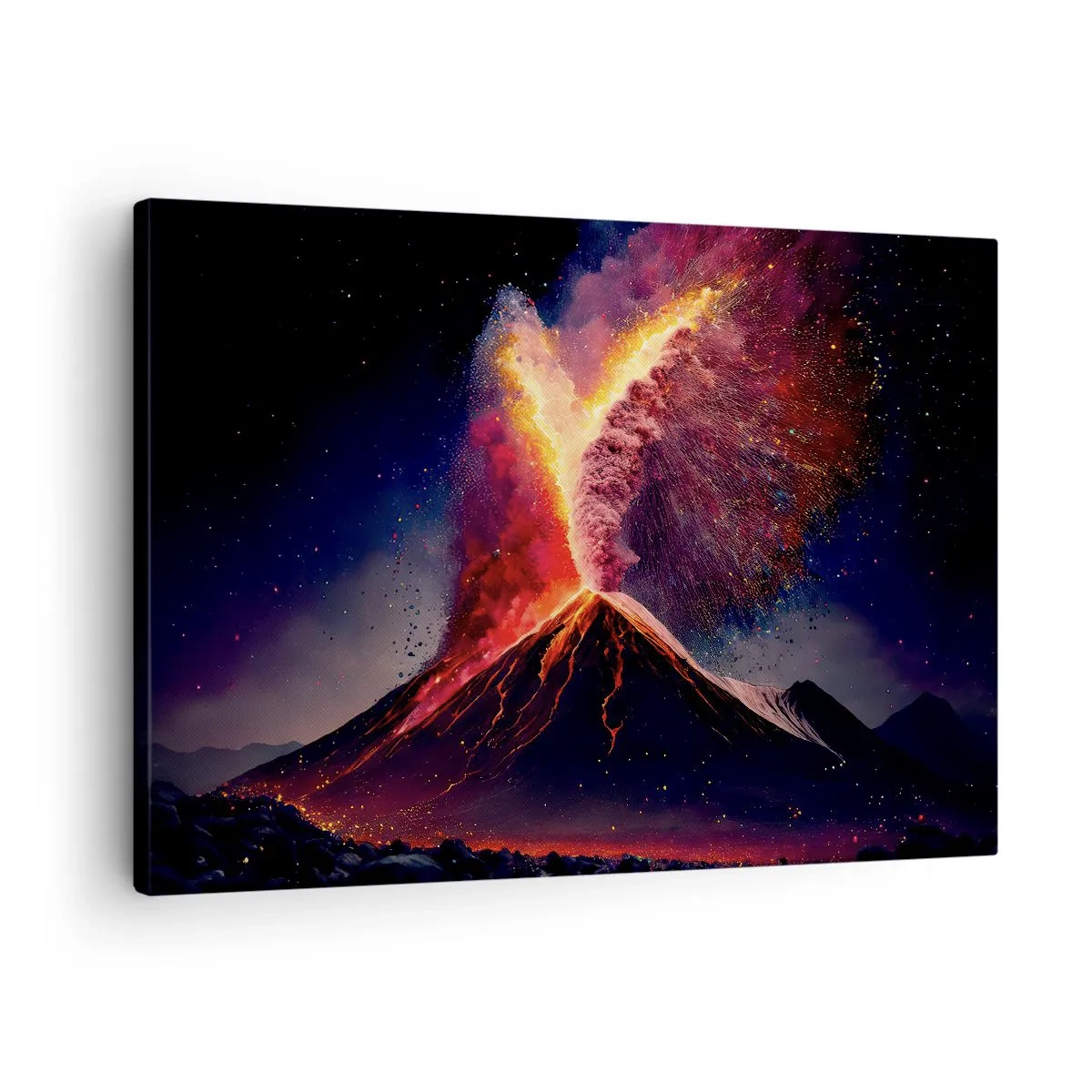 Obraz na płótnie - Wyjątkowa erupcja wulkanu w nocy z dynamicznymi kolorami - 70x50cm - Piękno i groza - Nowoczesna dekoracja ścienna do salonu i sypialni ARTTOR