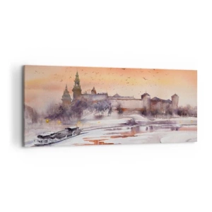 Obraz na płótnie - Zachód słońca nad zamkiem w zimowej scenerii - 120x50cm - Królewski zachód słońca - Nowoczesna dekoracja ścienna do salonu i sypialni ARTTOR