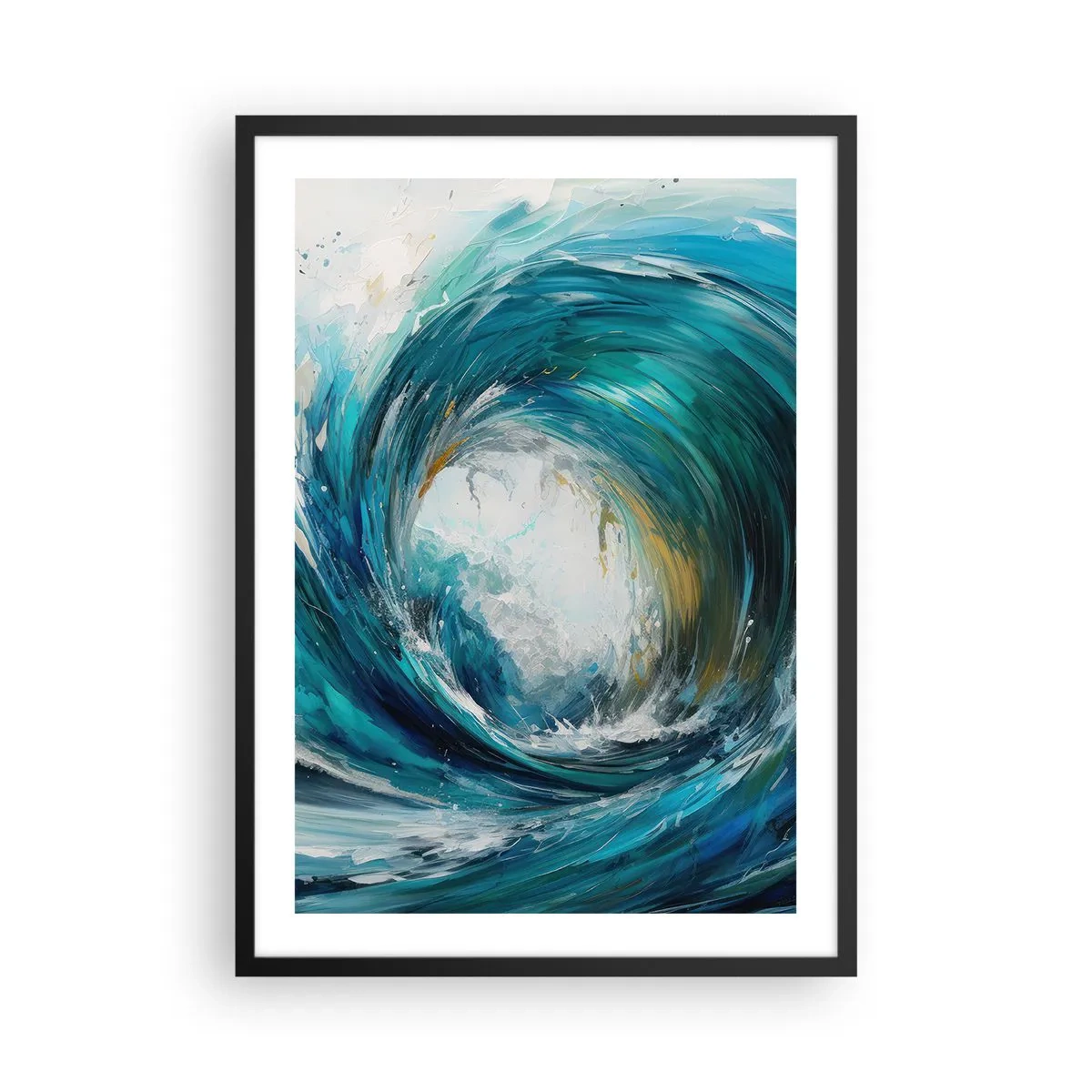 Plakat w czarnej ramie - Abstrakcyjna fala w odcieniach turkusu, błękitu i bieli - 50x70cm - Morski portal - Nowoczesna dekoracja ścienna do salonu i sypialni ARTTOR