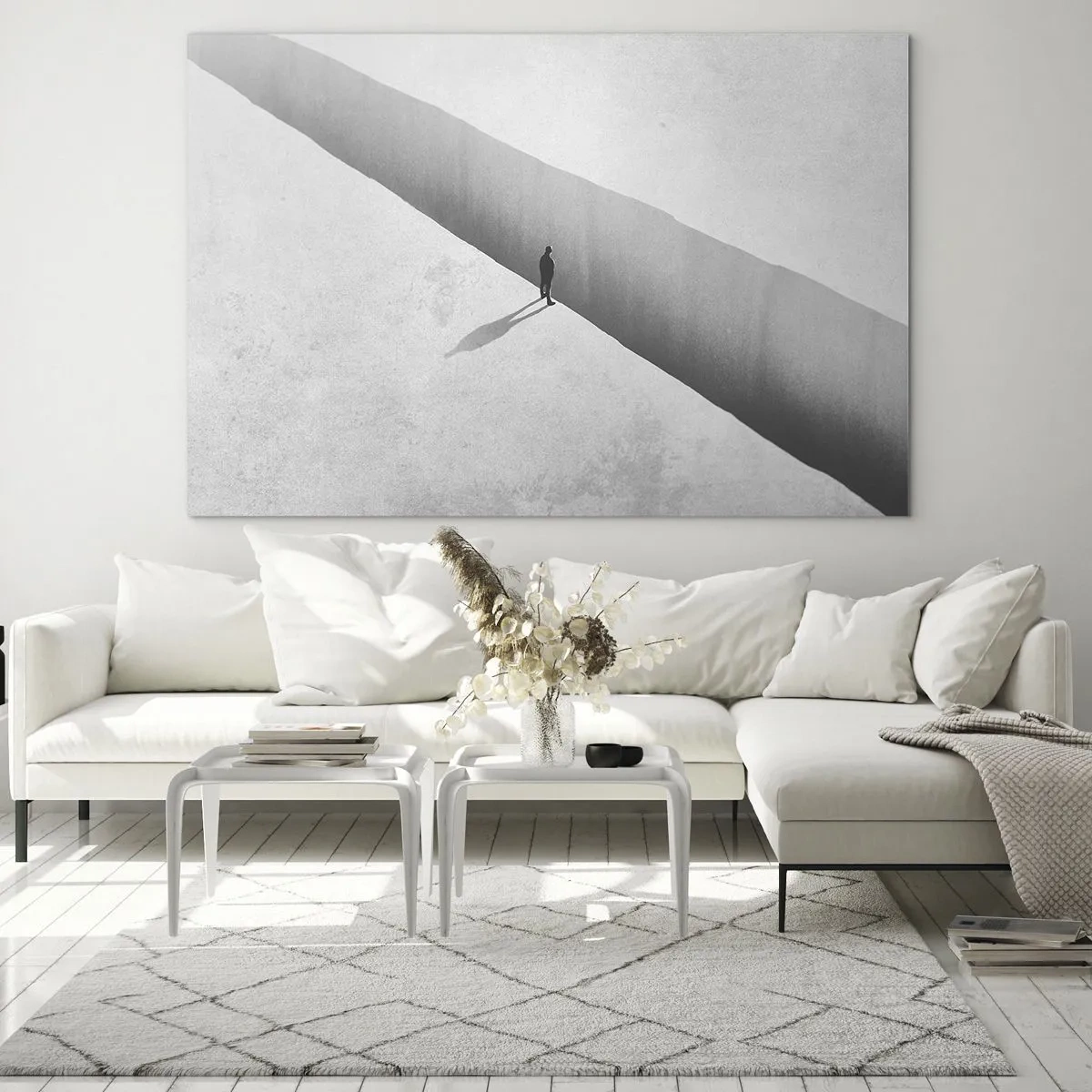 Obraz na szkle - Minimalistyczna sylwetka nad przepaścią w jasnej przestrzeni - 100x70cm - Jasny cel - Nowoczesna dekoracja ścienna do salonu, kuchni i sypialni ARTTOR