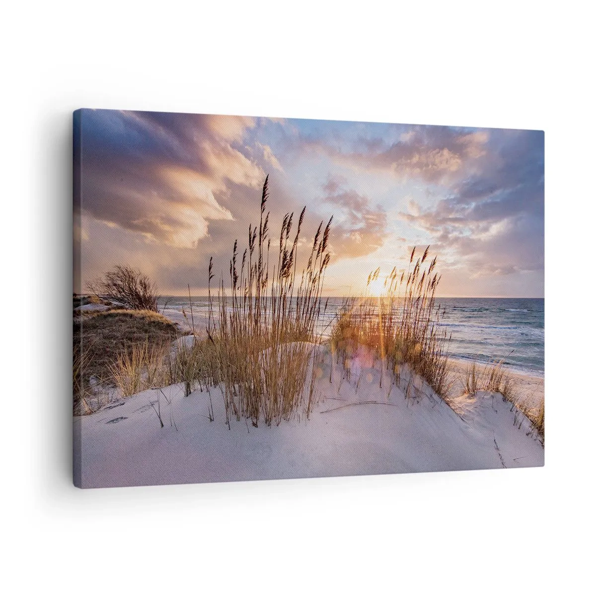 Obraz na płótnie - Wydmy z trawami na tle zachodzącego słońca - 70x50cm - Pożegnanie słońca i wiatru - Nowoczesna dekoracja ścienna do salonu i sypialni ARTTOR