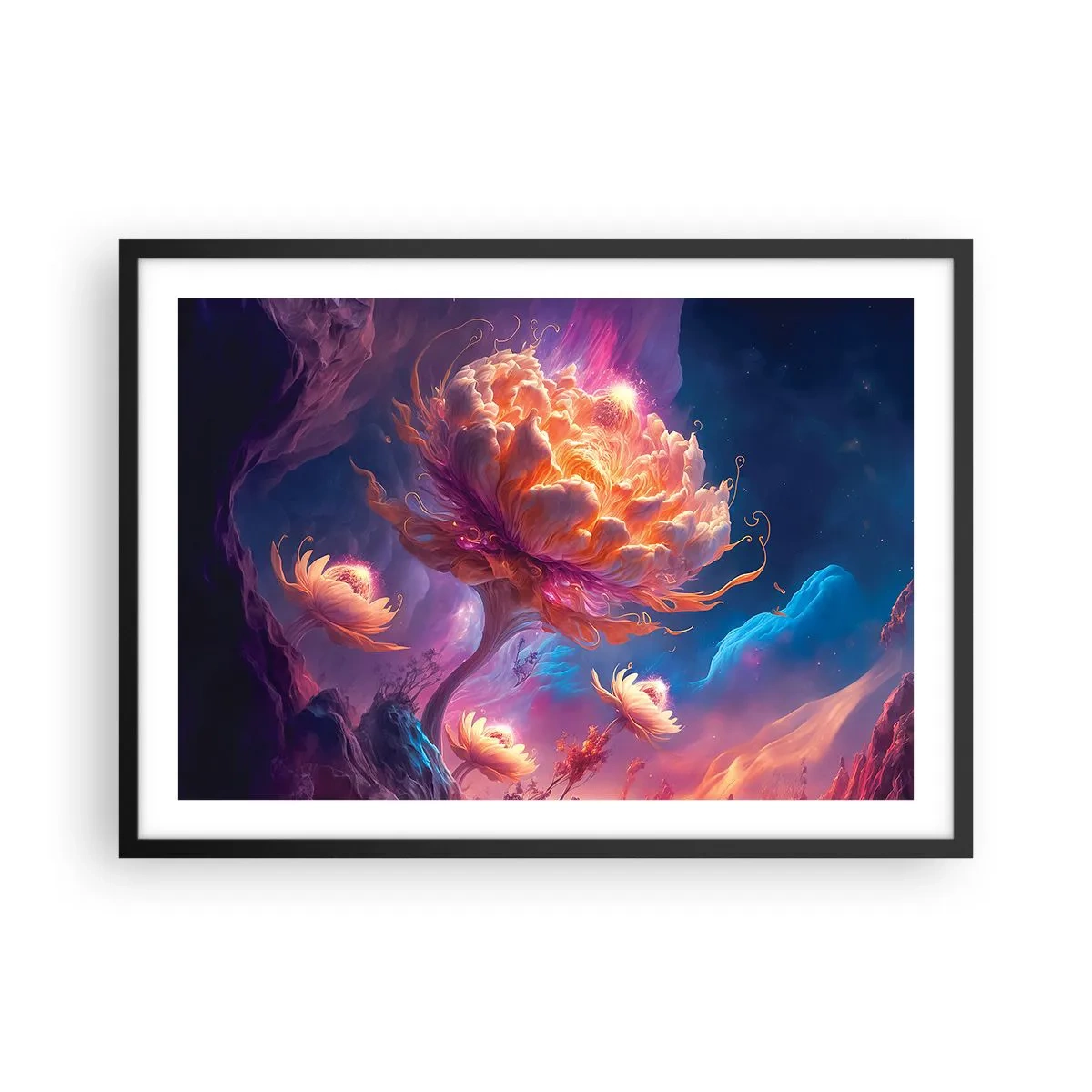 Plakat w czarnej ramie - Fantazyjne kwiaty w kosmicznym krajobrazie - 70x50cm - Inny świat - Nowoczesna dekoracja ścienna do salonu i sypialni ARTTOR