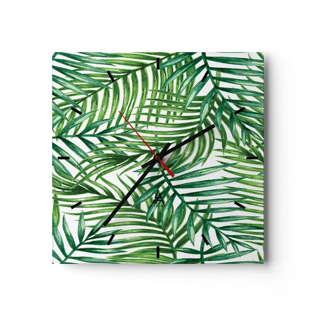 Zegar ścienny - Zielone liście tropikalnych palm na jasnym tle - 30x30cm - Pod zielonym baldachimem - Nowoczesna dekoracja ścienna do salonu i sypialni ARTTOR