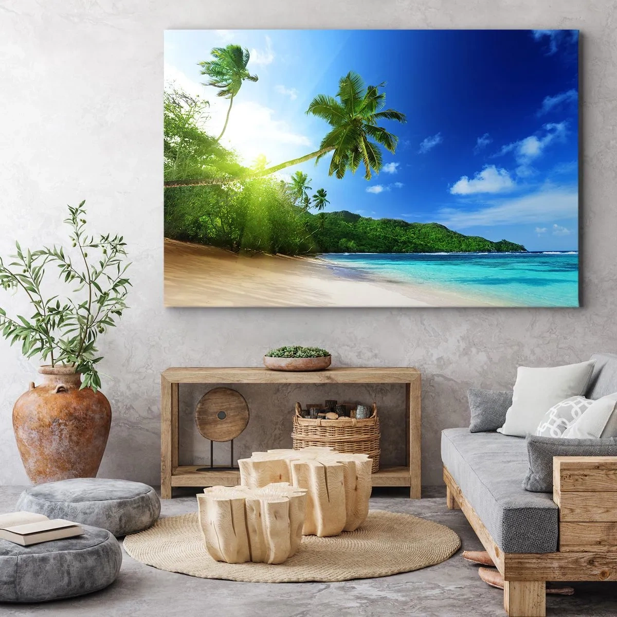 Obraz na płótnie - Tropikalna plaża z palmami i turkusowym morzem - 100x70cm - Łagodny dotyk tropików - Nowoczesna dekoracja ścienna do salonu, kuchni i sypialni ARTTOR