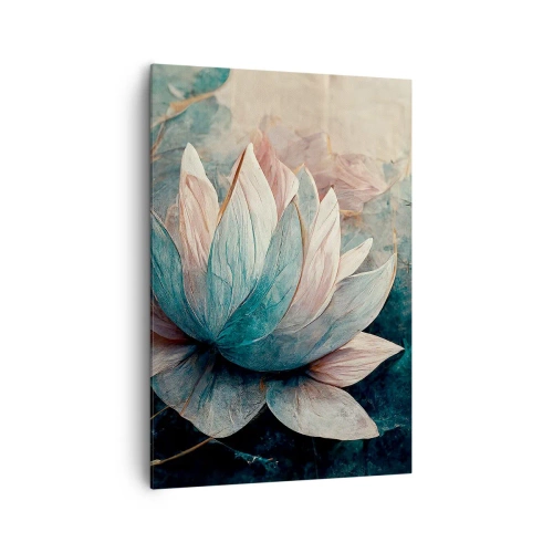 Obraz na płótnie - Subtelne lilie wodne w pastelowych odcieniach błękitu i złota - 70x100cm - Gwiazdy jeziora - Nowoczesna dekoracja ścienna do salonu i sypialni ARTTOR