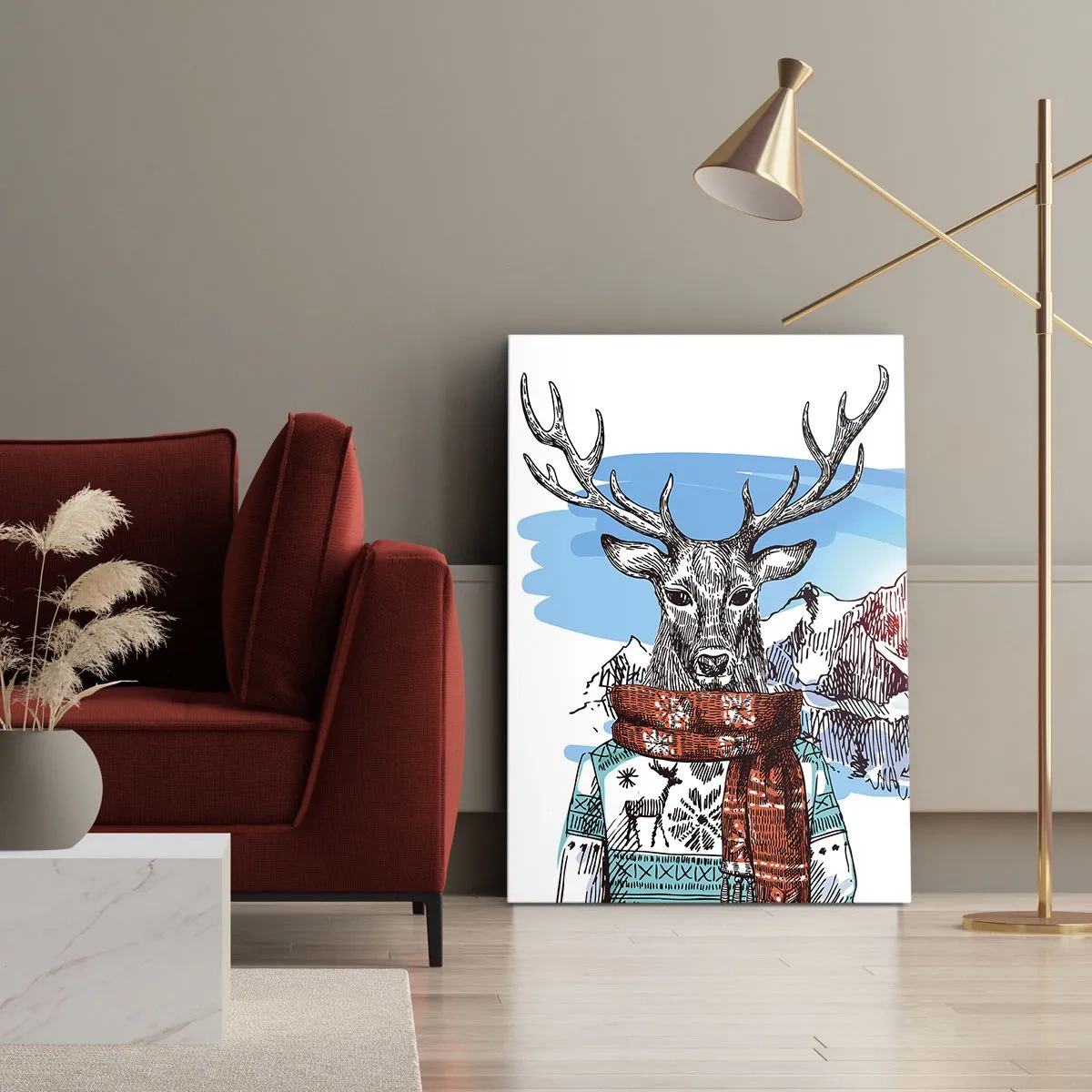 Obraz na płótnie - Ilustracja jelenia w zimowym swetrze na tle gór - 50x70cm - Nawet jeleń nie marznie - Nowoczesna dekoracja ścienna do salonu, kuchni i sypialni ARTTOR