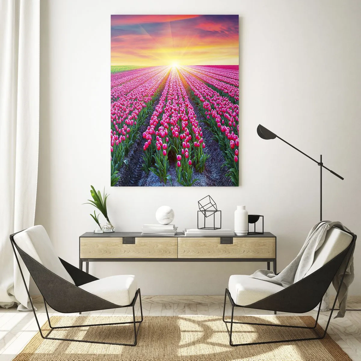 Obraz na szkle - Pole różowych tulipanów w promieniach zachodzącego słońca - 50x70cm - Farma piękności - Nowoczesna dekoracja ścienna do salonu, kuchni i sypialni ARTTOR