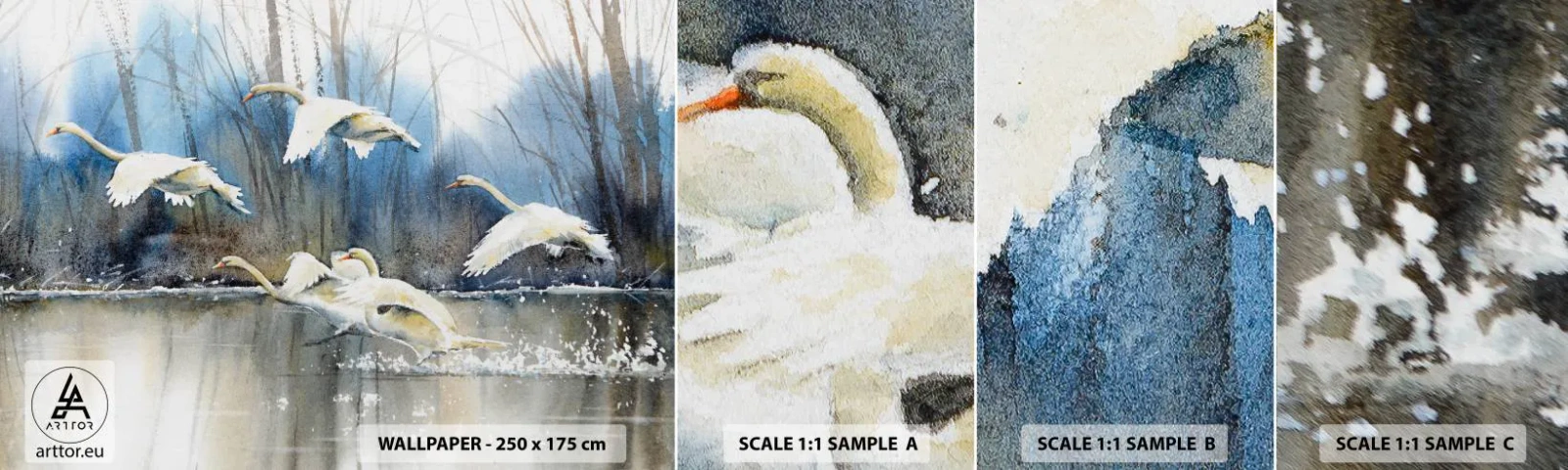 Fototapeta Próbka Samoprzylepna Deluxe Sticker - Jak w baśni o dzikich łabędziach - Łabędzie, Ptaki, Pejzaż - 100x30 cm