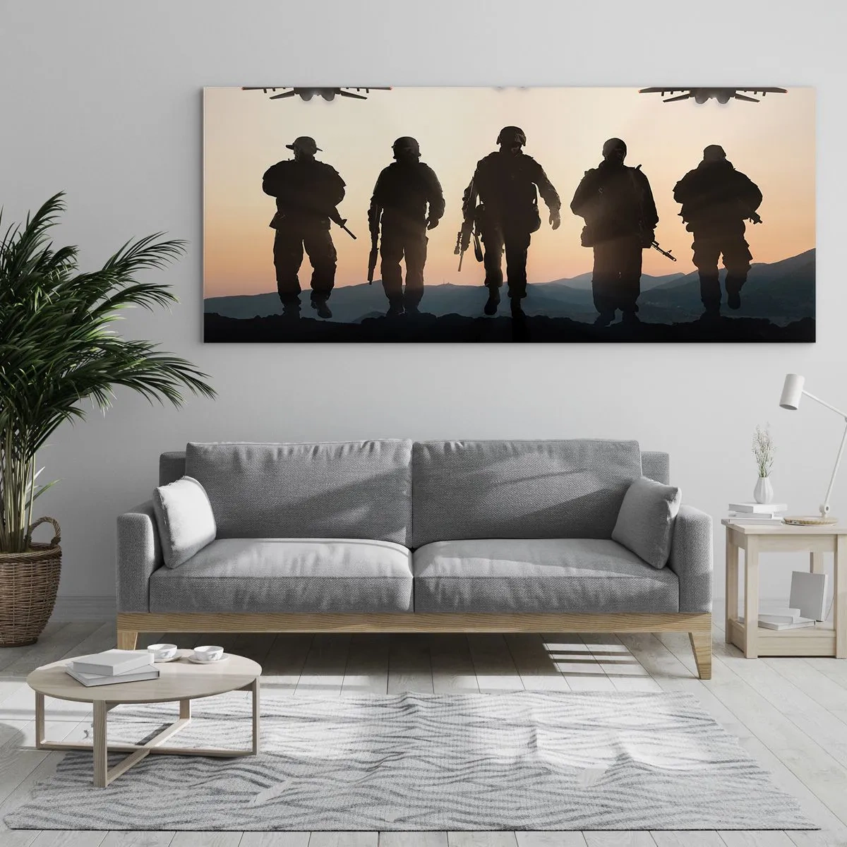 Obraz na szkle - Sylwetki żołnierzy i myśliwce na tle zachodu słońca - 120x50cm - Witaj w naszym świecie - Nowoczesna dekoracja ścienna do salonu i sypialni ARTTOR