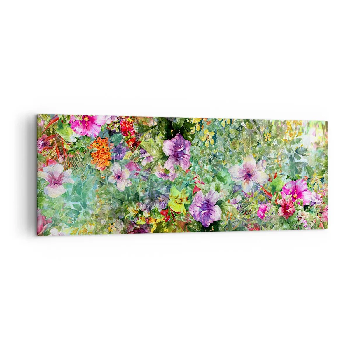 Obraz na płótnie - Kolorowa kompozycja kwiatów na zielonym tle - 140x50cm - W kwiaty na zatracenie - Nowoczesna dekoracja ścienna do salonu i sypialni ARTTOR