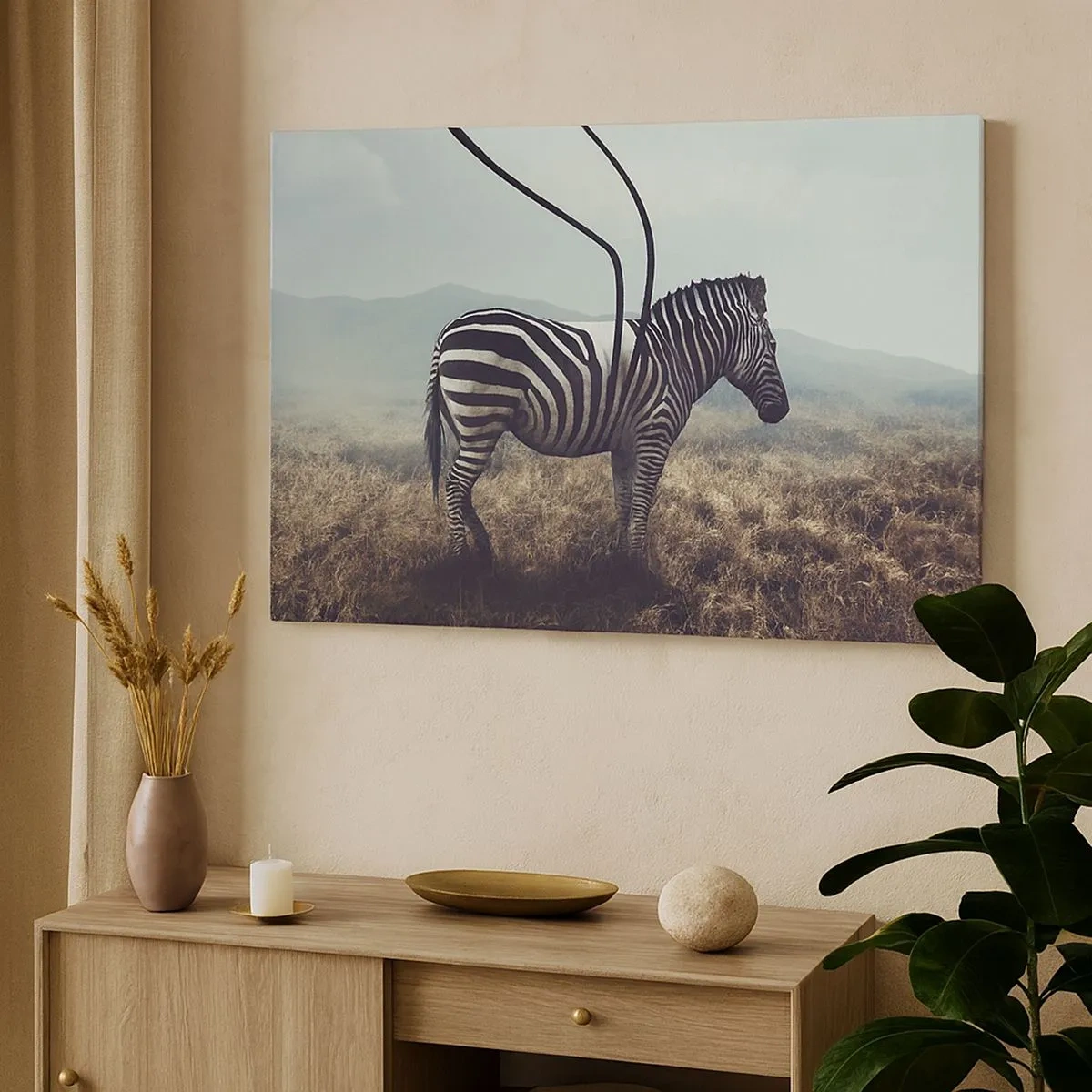 Obraz na płótnie - Surrealistyczna zebra na tle trawiastego krajobrazu - 70x50cm - Uwaga! Usterka - Nowoczesna dekoracja ścienna do salonu i sypialni ARTTOR