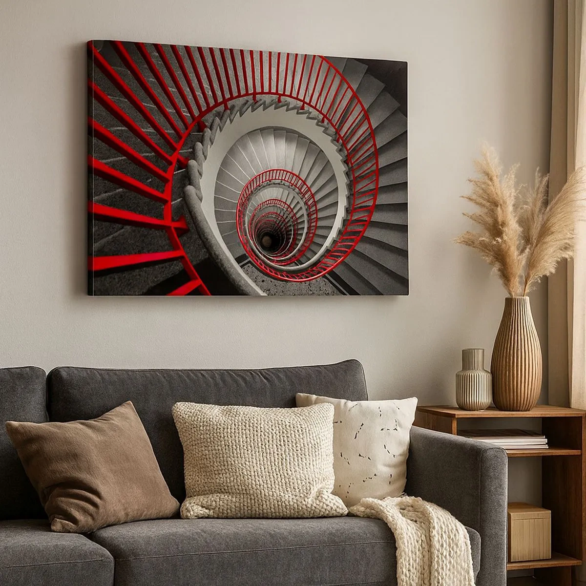 Obraz na płótnie - Spiralne schody z czerwonymi poręczami w dynamicznej perspektywie - 70x50cm - Zabawy architektury - Nowoczesna dekoracja ścienna do salonu i sypialni ARTTOR