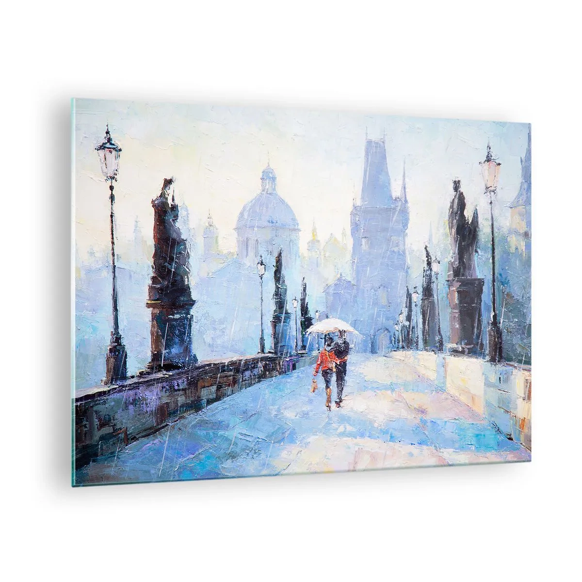 Obraz na szkle - Spacer z parasolem na zabytkowym moście w deszczowy dzień - 70x50cm - Nas zaczarować musiał deszcz - Nowoczesna dekoracja ścienna do salonu i sypialni ARTTOR