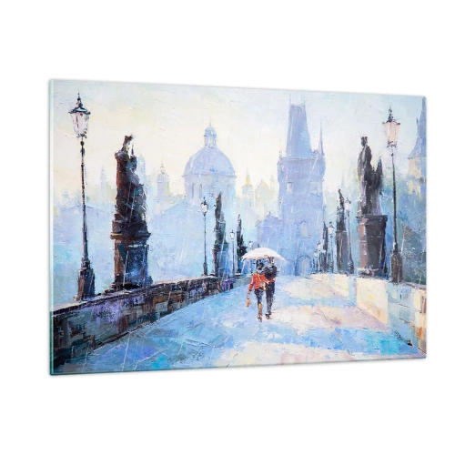 Obraz na szkle - Spacer z parasolem na zabytkowym moście w deszczowy dzień - 120x80cm - Nas zaczarować musiał deszcz - Nowoczesna dekoracja ścienna do salonu, kuchni i sypialni ARTTOR