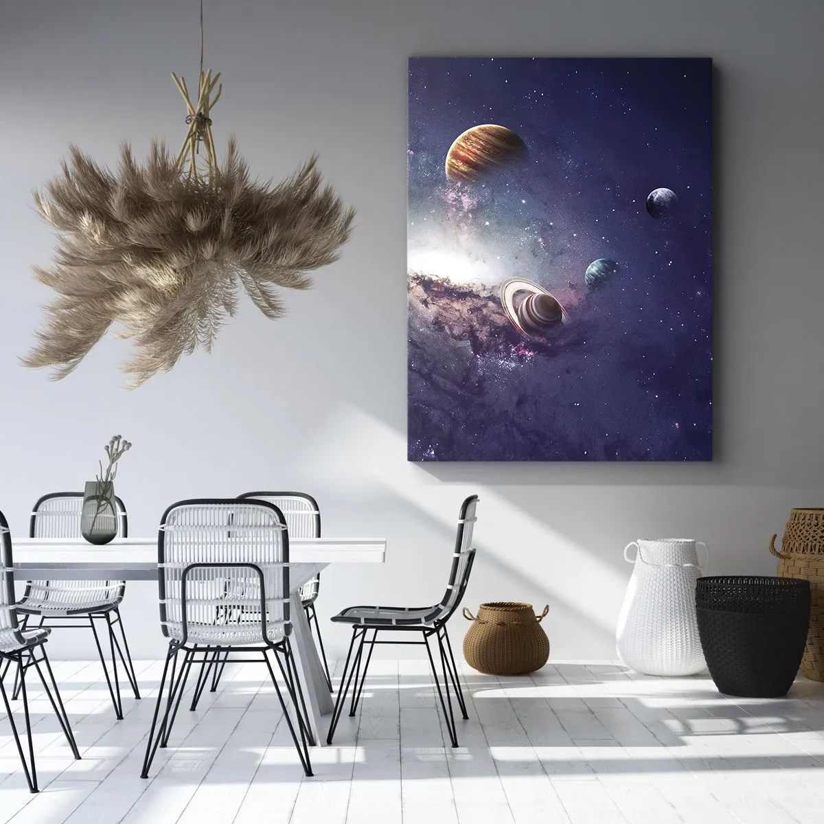 Obraz na płótnie - Planety Układu Słonecznego na tle galaktyki w odcieniach fioletu - 50x70cm - Układ słoneczno-taneczny - Nowoczesna dekoracja ścienna do salonu, kuchni i sypialni ARTTOR