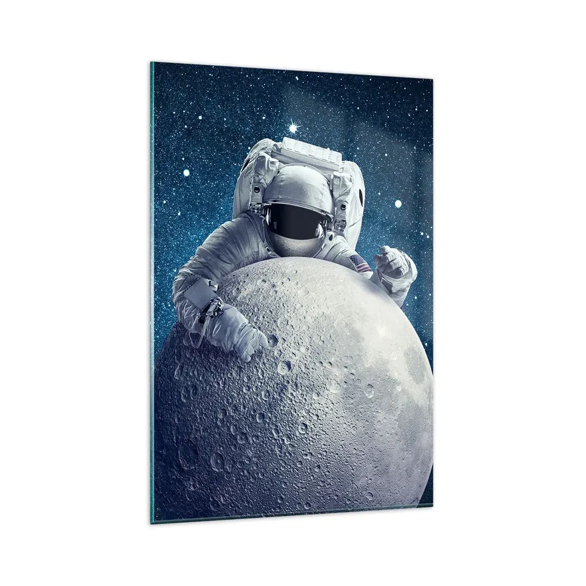 Obraz na szkle - Astronauta trzymający księżyc na tle rozgwieżdżonego nieba - 80x120cm - Kosmiczny żartowniś - Nowoczesna dekoracja ścienna do salonu i sypialni ARTTOR