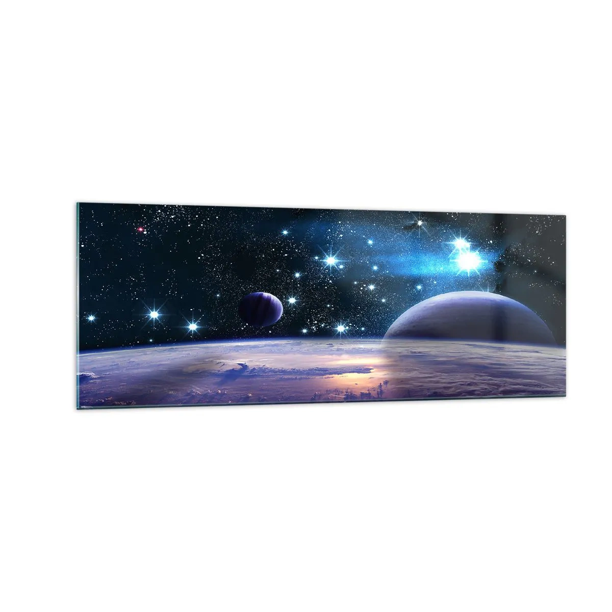 Obraz na szkle - Widok na przestrzeń kosmiczną z planetami i gwiazdami - 140x50cm - Wciąż sami? - Nowoczesna dekoracja ścienna do salonu i sypialni ARTTOR