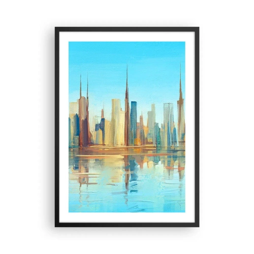 Plakat w czarnej ramie - Kolorowa panorama miasta z odbiciem w wodzie - 50x70cm - Słoneczna metropolia - Nowoczesna dekoracja ścienna do salonu i sypialni ARTTOR