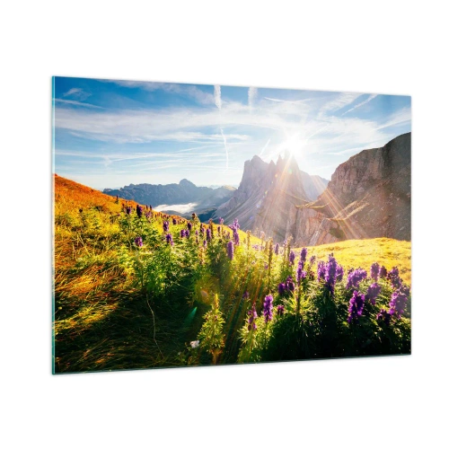 Obraz na szkle - Górska łąka pełna kwiatów na tle skalistych szczytów o wschodzie słońca - 100x70cm - Sekretne życie ziół - Nowoczesna dekoracja ścienna do salonu, kuchni i sypialni ARTTOR